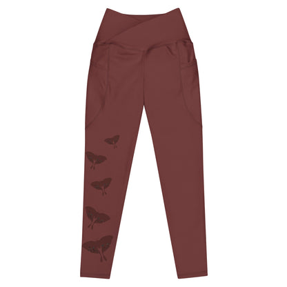Fluttering Moth Auburn Red Crossover leggings with pockets - Fox & Joy
