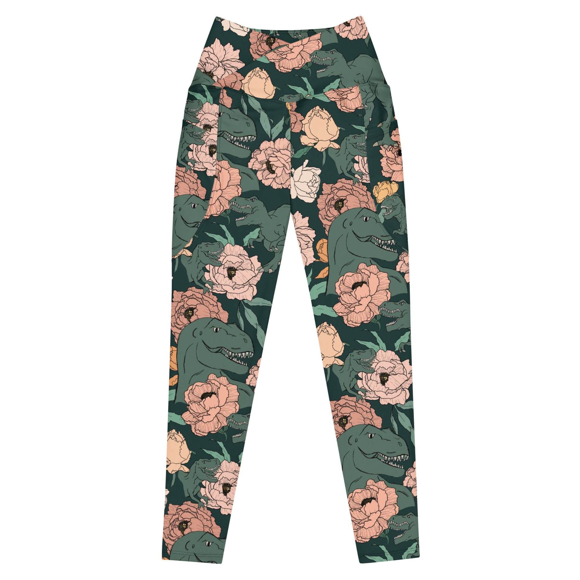 Rosie The T-Rex Green Crossover leggings with pockets - Fox & Joy