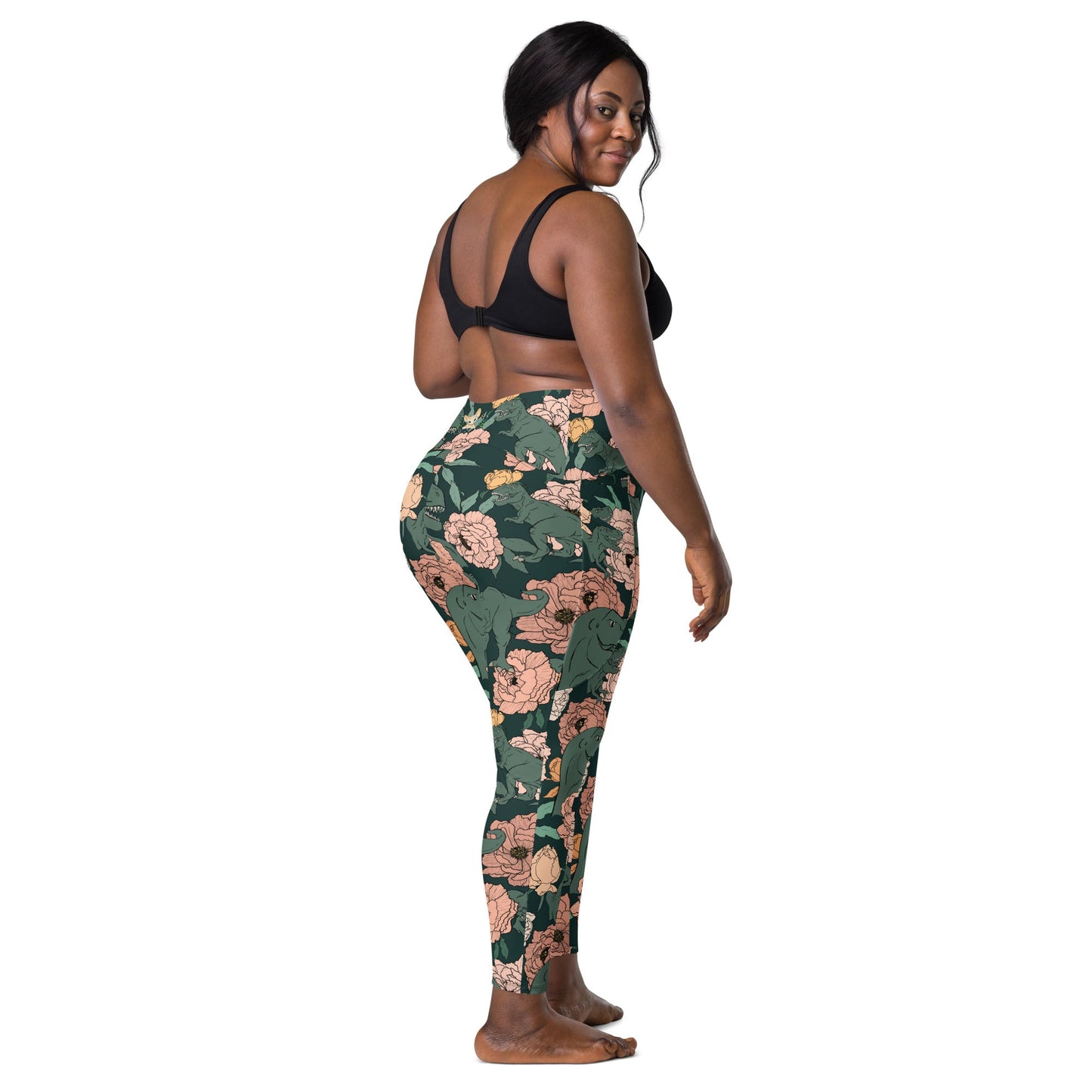 Rosie The T-Rex Green Crossover leggings with pockets - Fox & Joy