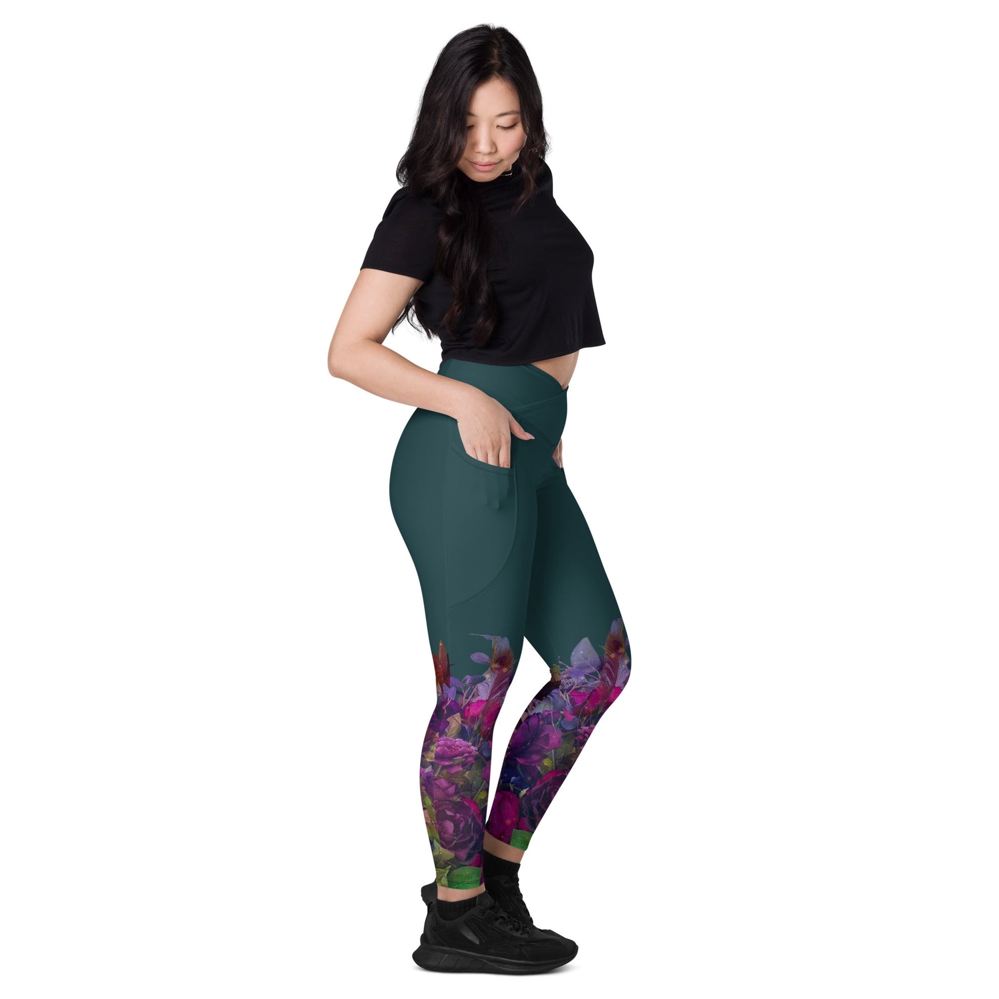 Teal Bouquet Crossover leggings with pockets - Fox & Joy
