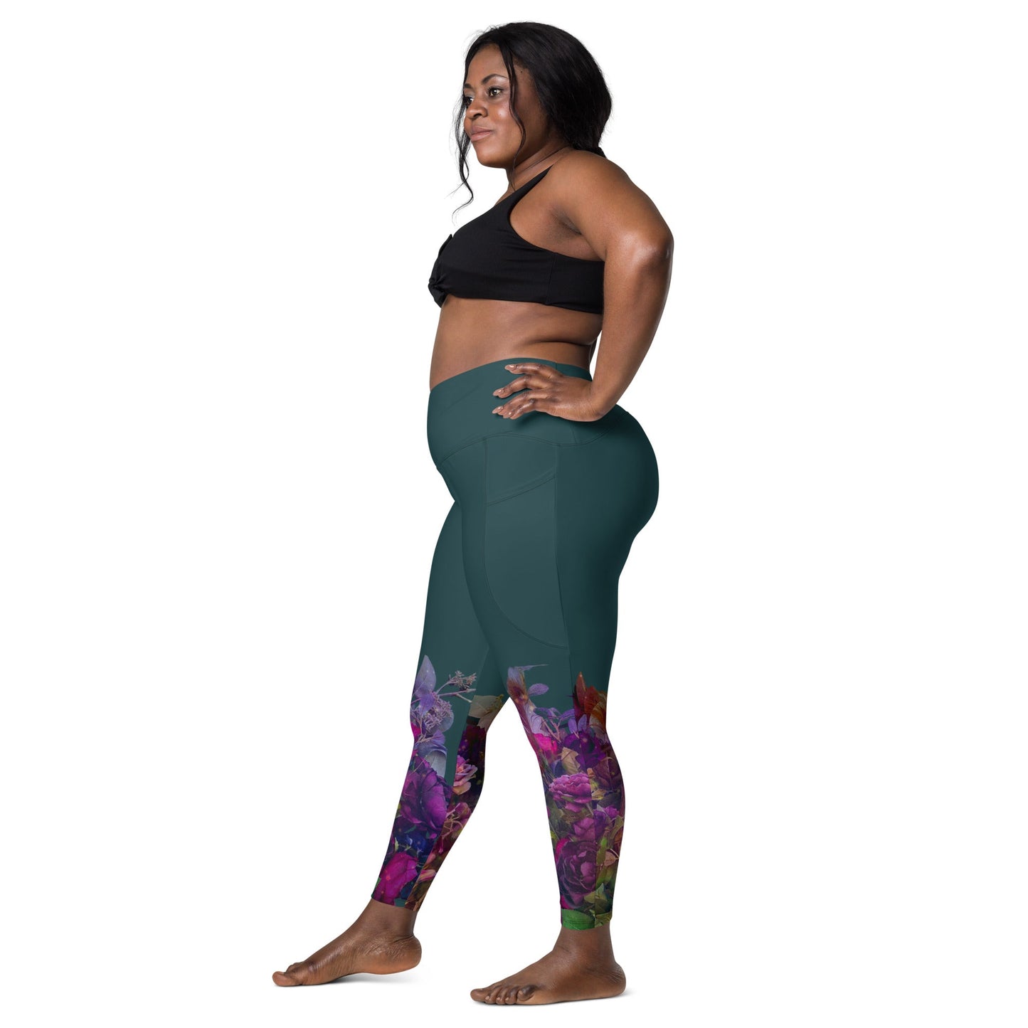Teal Bouquet Crossover leggings with pockets - Fox & Joy